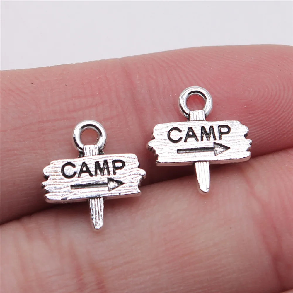 12x13mm 0.7g Antique Silver Zinc Alloy CAMP Camping Sign Letter Charm Pendant for DIY Outdoor Jewelry