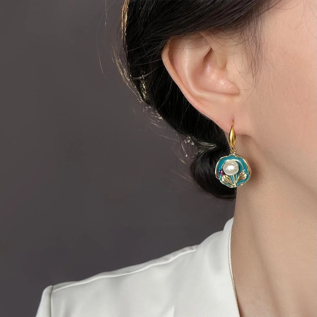 Copper Baroque Irregular Freshwater Pearl Hand Painted Floral Ethnic Vintage Drop Earrings