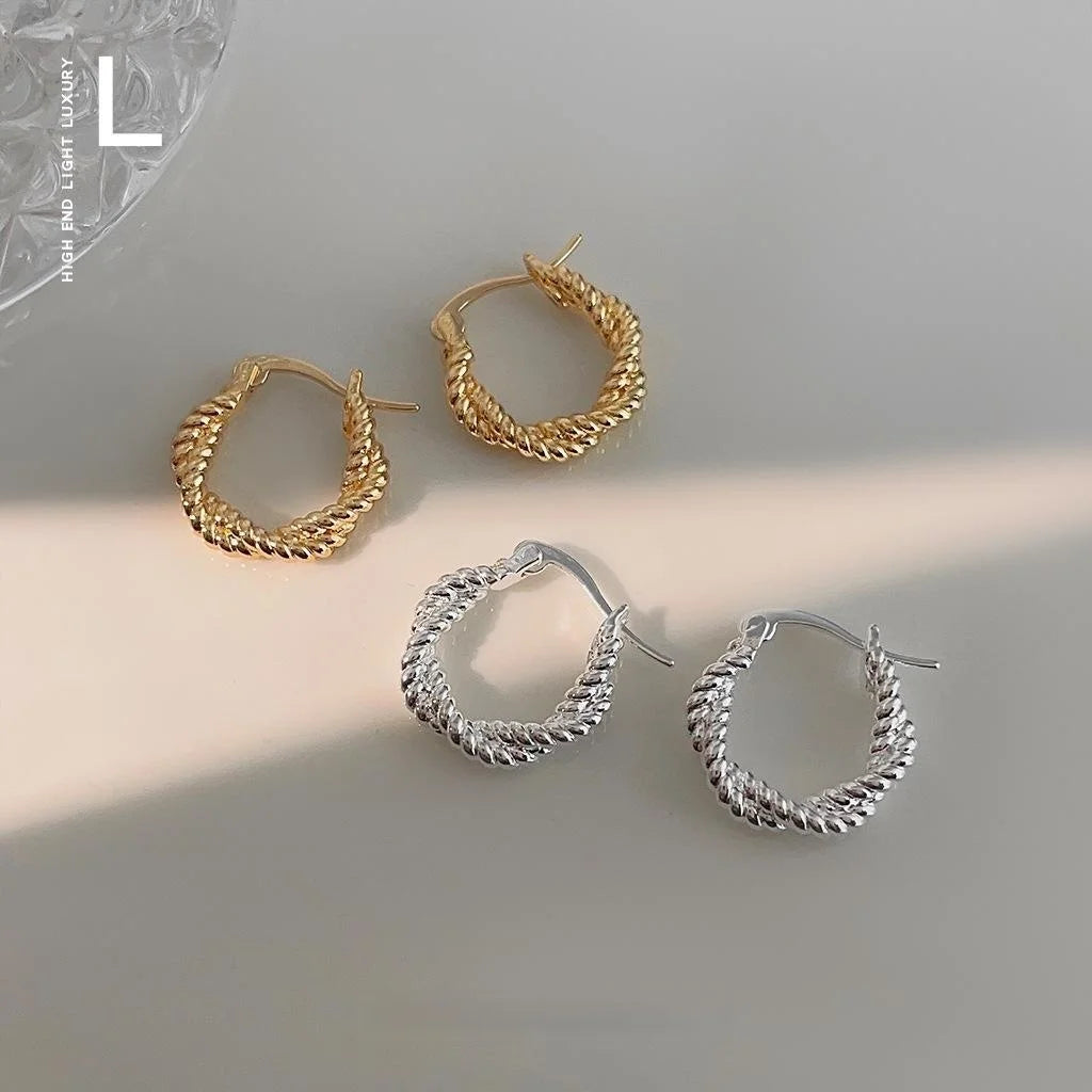Premium Copper Twisted Braid Hoop Stud Earrings, Minimalist Geometric Office Jewelry