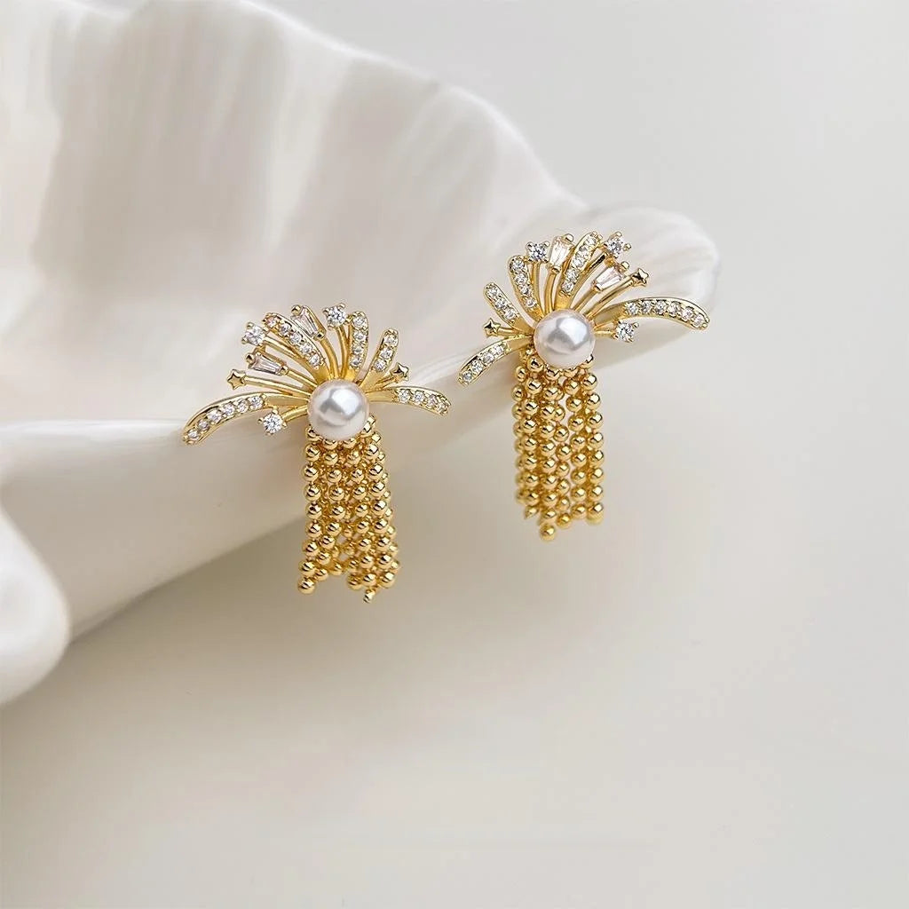 Old Money Micro Pave Zircon Firework Tassel Drop Earrings With Pearl