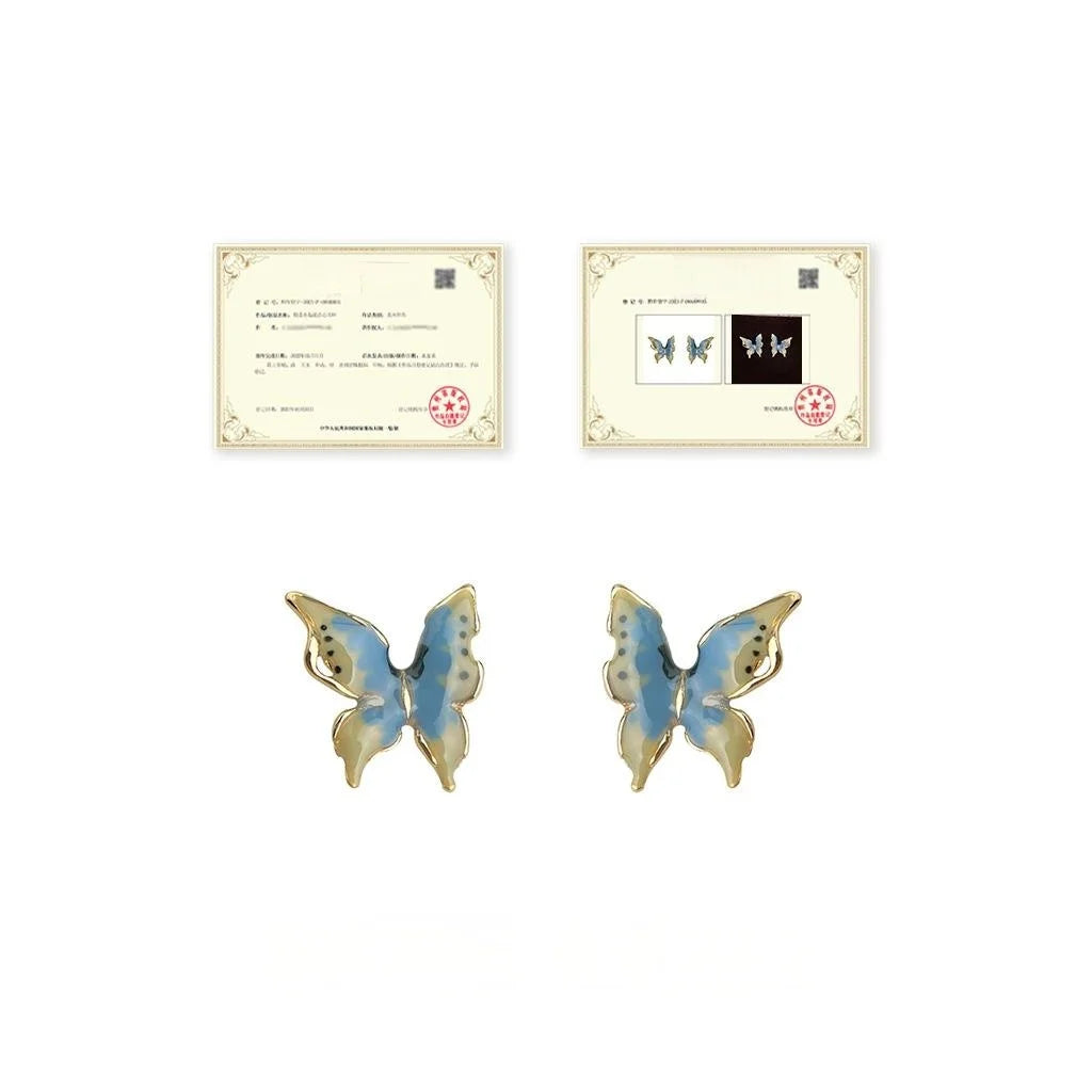 14K Plated Copper Hand Painted Iridescent Enamel Butterfly Stud Earrings Sweet Style