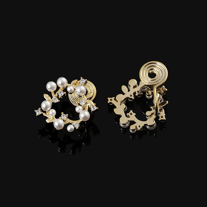 Elegant Round Pearl Rhinestone Floral Wreath Stud & Clip On No Piercing Gold Alloy Earrings