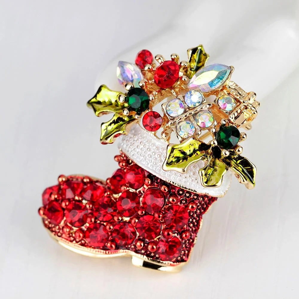 Luxury Christmas Rhinestone Enamel Brooch Tree Bell Penguin Boot Reindeer Lapel Pin Corsage Gift Accessory
