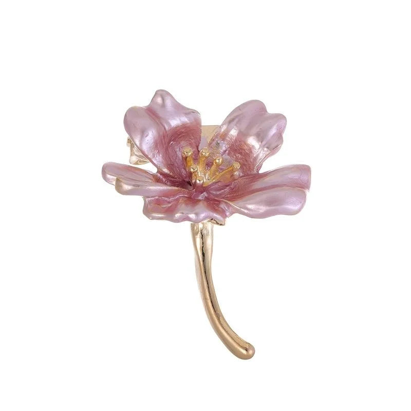 Elegant Pink Enamel Flower Brooch With Gold Alloy Stem, Floral Lapel Pin Corsage For Women Suit Gift