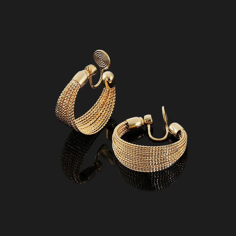 Elegant Gold Alloy Multi Layer Spiral Hoop Stud & Clip On No Piercing Chain Tassel Huggie Earrings