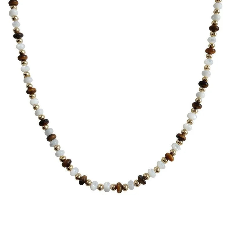 New Chinese Style Copper Tiger Eye Stone Shell Tassel Geometric Choker Necklace