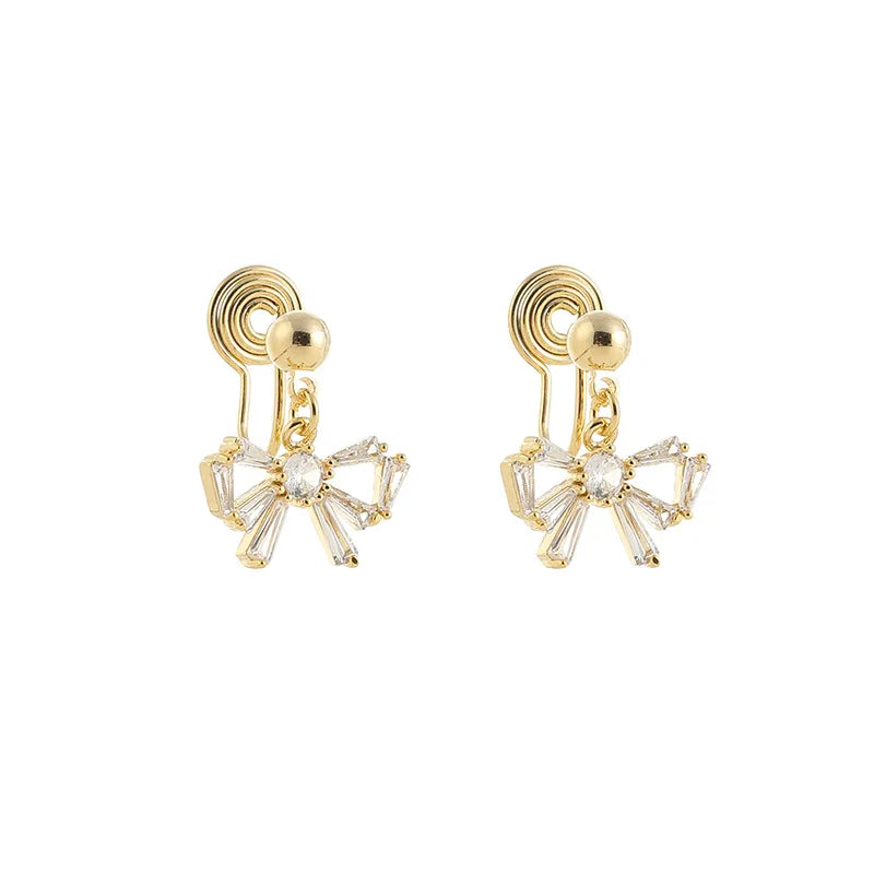 Elegant Zircon Bowknot Dangle Stud & Clip On No Piercing Gold Alloy Sweet Forest Style Earrings