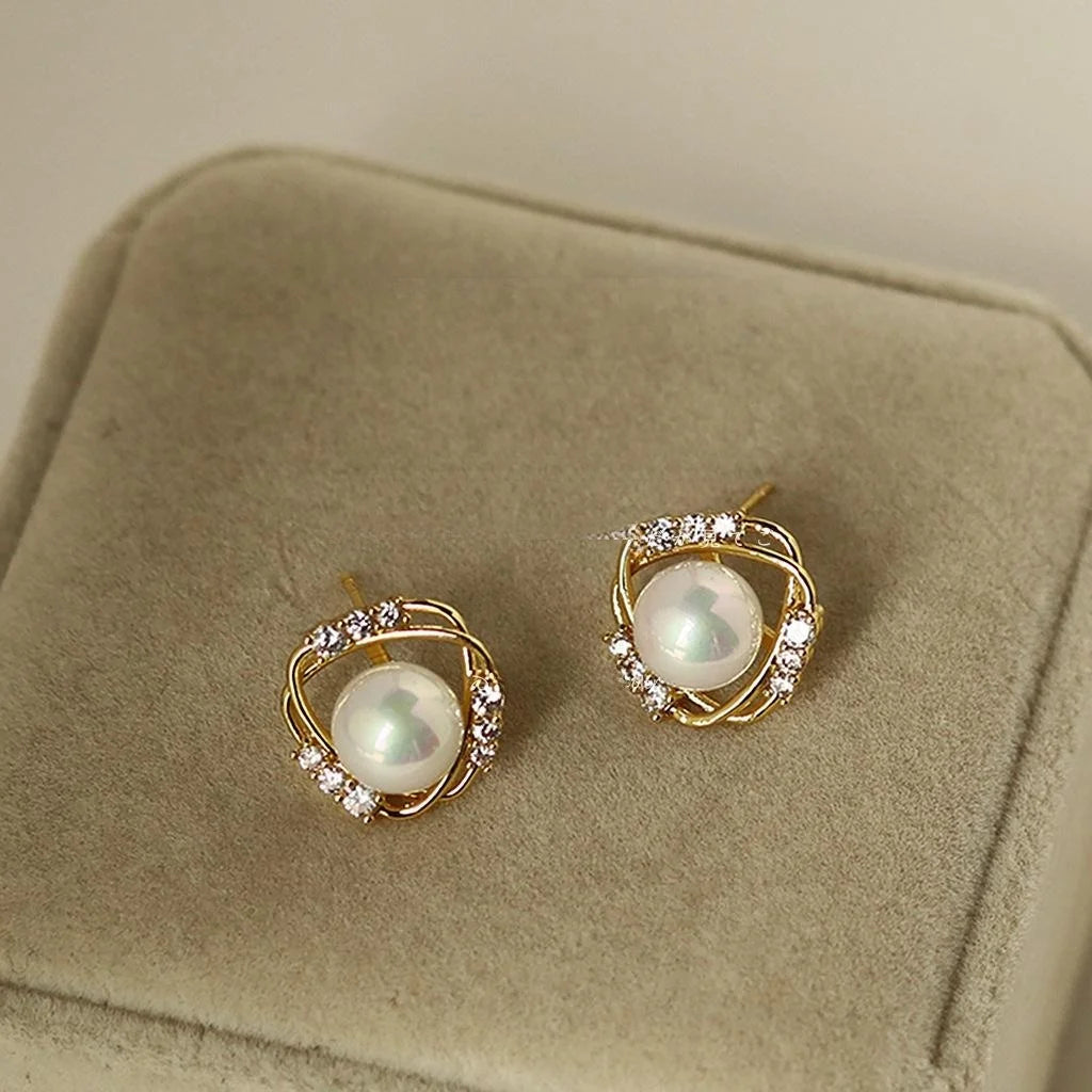 14K Gold Plated Copper Rotating Geometric Micro Pave Zircon Stud Earrings With Silver Plated Pins