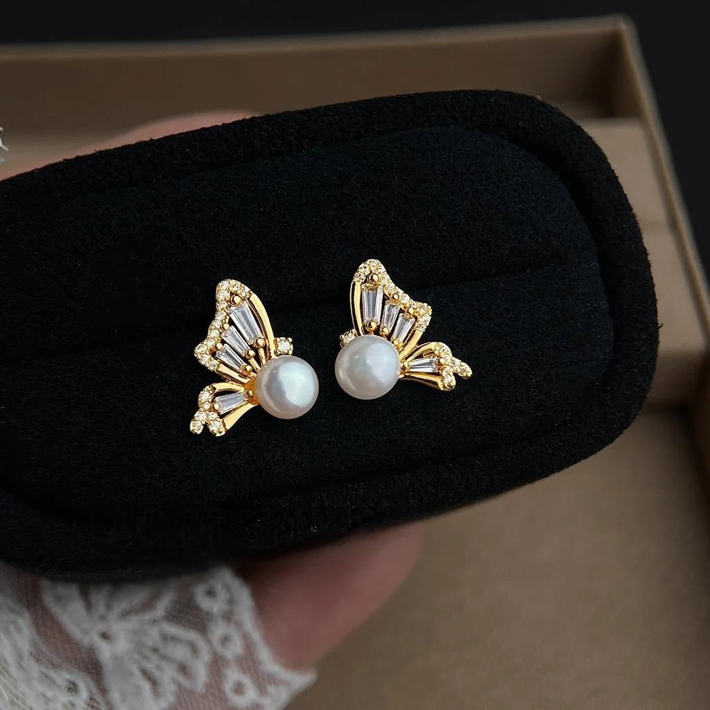 French Vintage Copper Freshwater Pearl Micro Pave Zircon Butterfly Stud Earrings