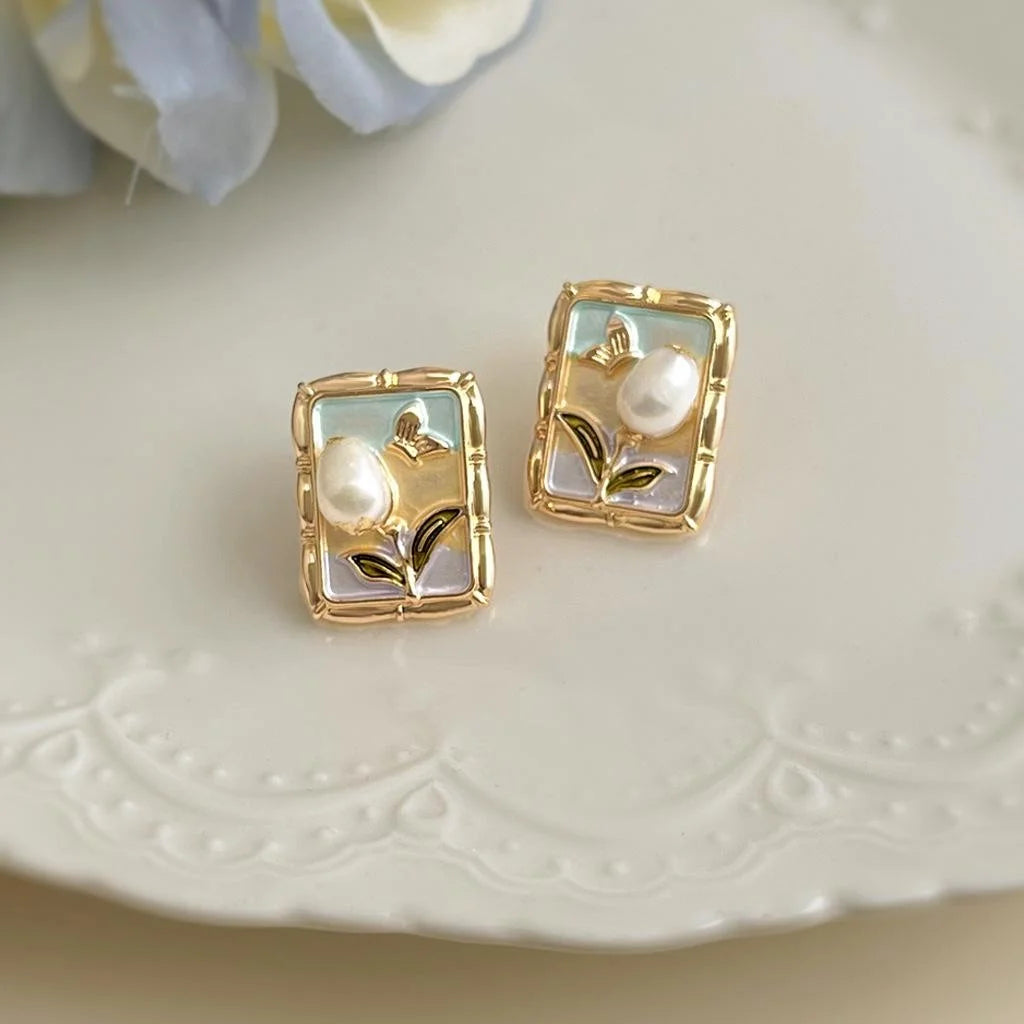 Oil Painting Style Freshwater Pearl Enamel Hand Painted Geometric Flower Stud Earrings