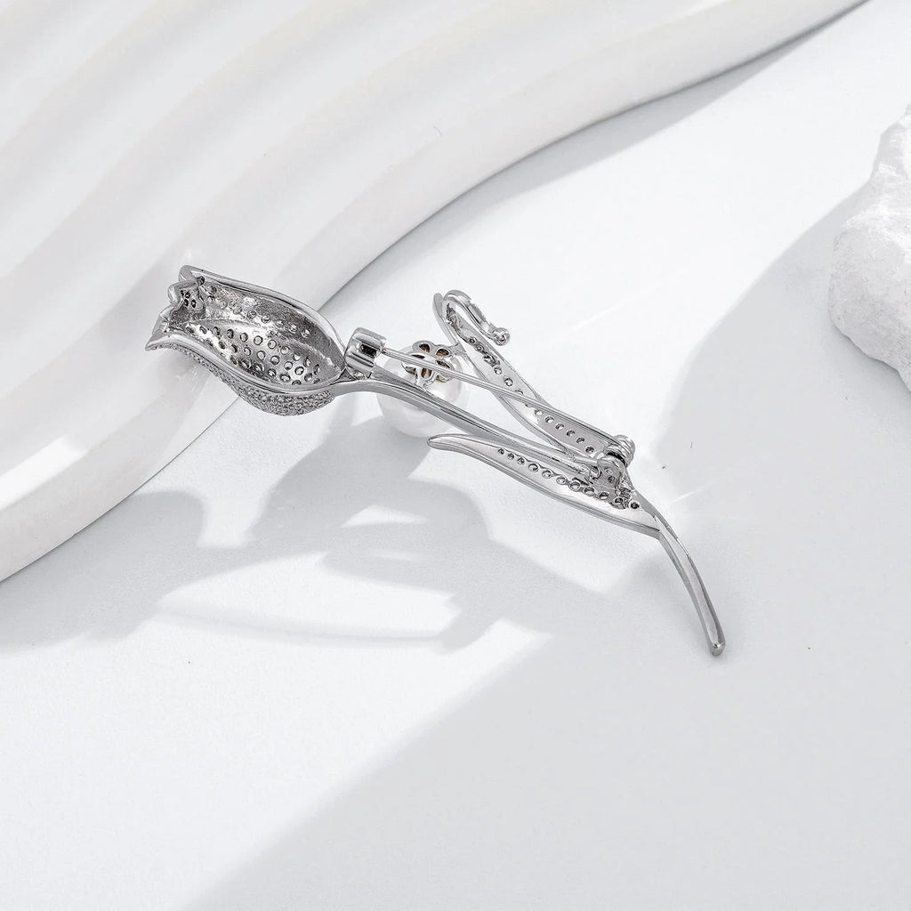 Elegant Tulip Flower Brooch With Pearl And Zircon Rhinestones, Luxury Lapel Pin Corsage Gift