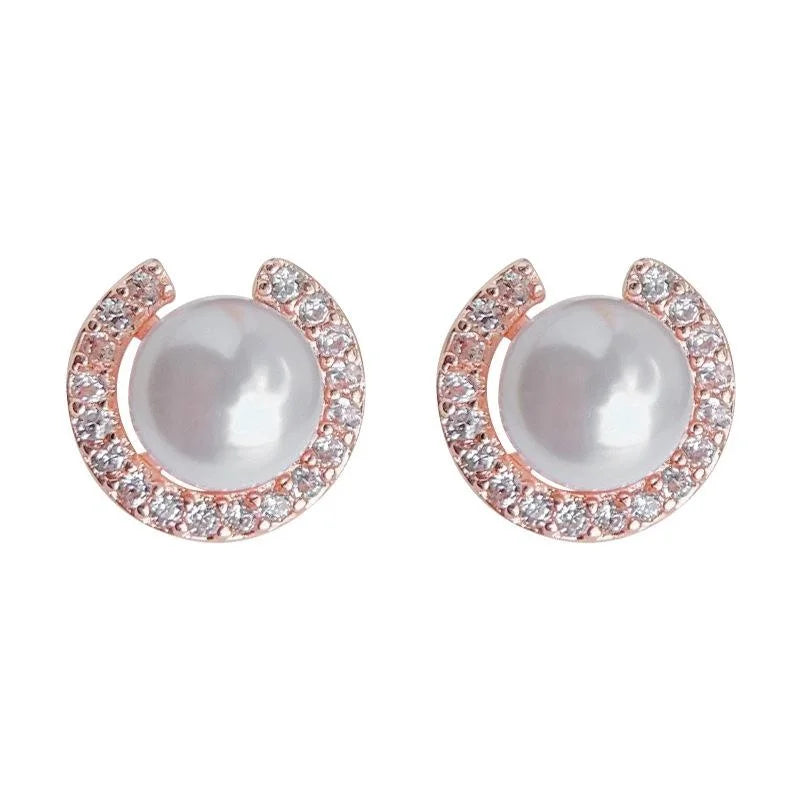 Rose Gold Zircon Micro Pave Round Stud Earrings Eco-Friendly Copper French Chic Jewelry