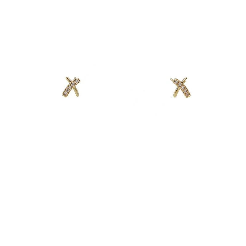 14K Gold Plated Copper Mini Cross Stud Earrings With Micro Pave Zircon Minimalist Geometric Daily Jewelry