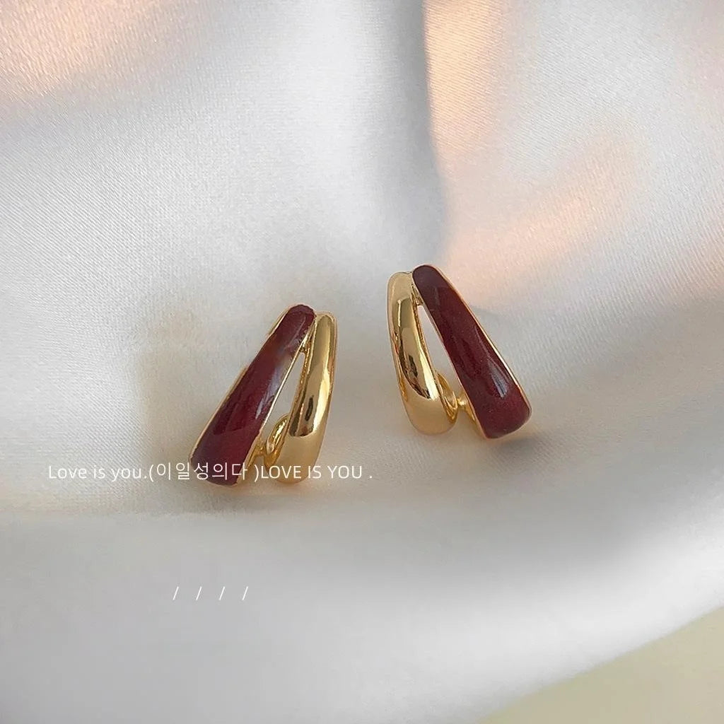 Hong Kong Retro 14K Gold Plated Copper Wine Red Enamel Geometric Hoop Stud Earrings For Women