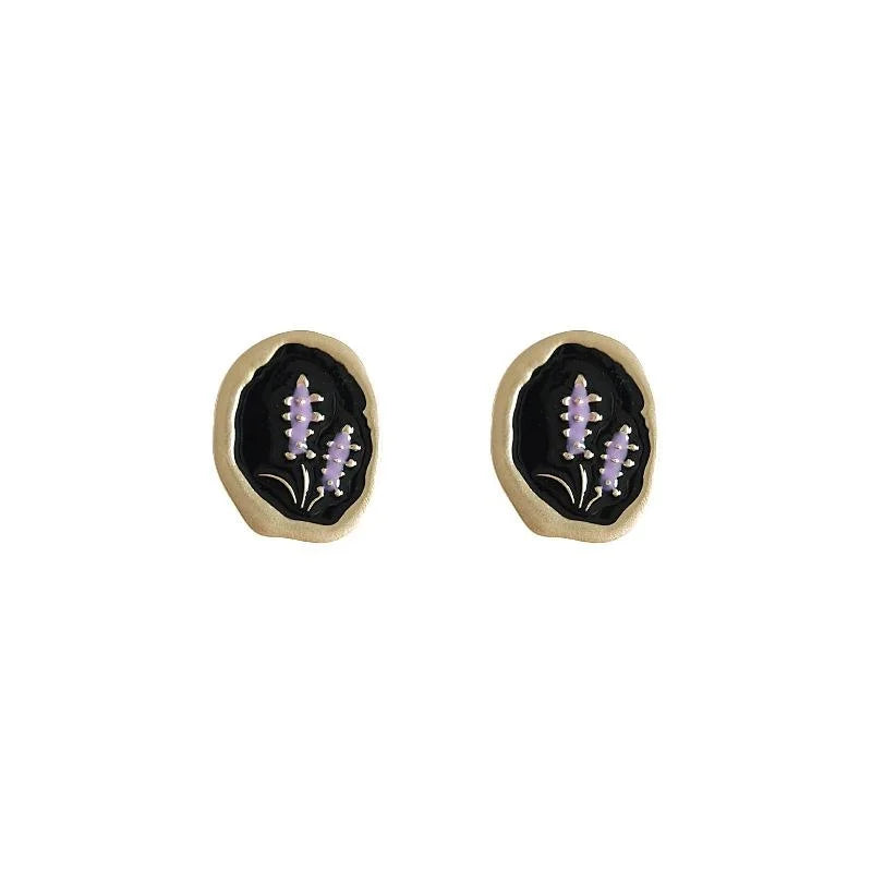 Premium Matte 14K Gold Plated Oval Geometric Enamel Stud Earrings