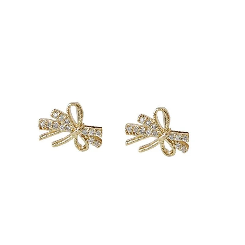 Mini 14K Plated Zircon Bow Stud Earrings, Korean Japanese Minimalist Jewelry