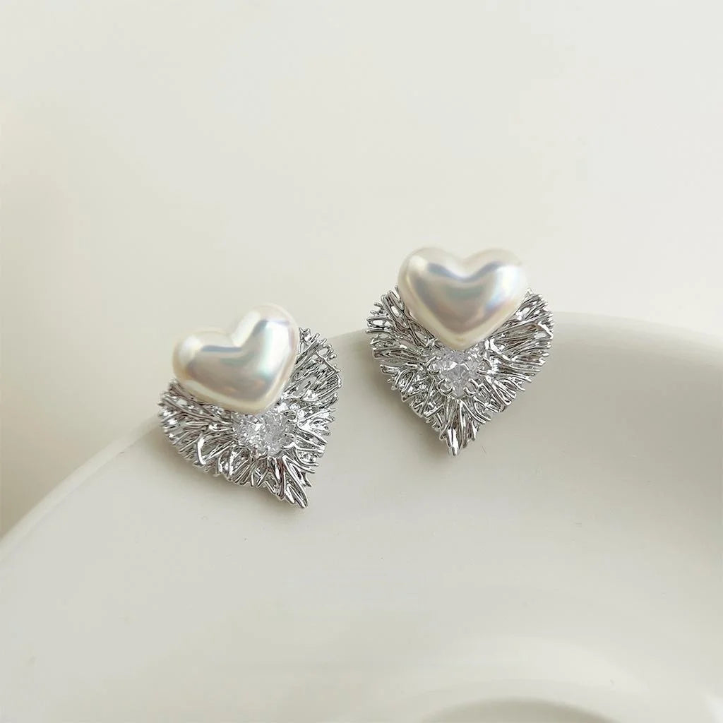 Two Way Minimalist Heart Stud Earrings Silver Plated Copper Micro Pave Zircon Pearl Jewelry