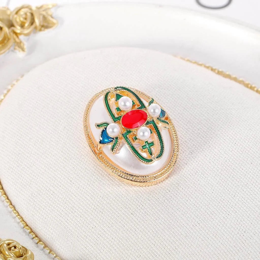 Vintage Baroque Pearl Enamel Oval Brooch With Rhinestone Trim, Elegant Women's Lapel Pin Qipao Suit Gift