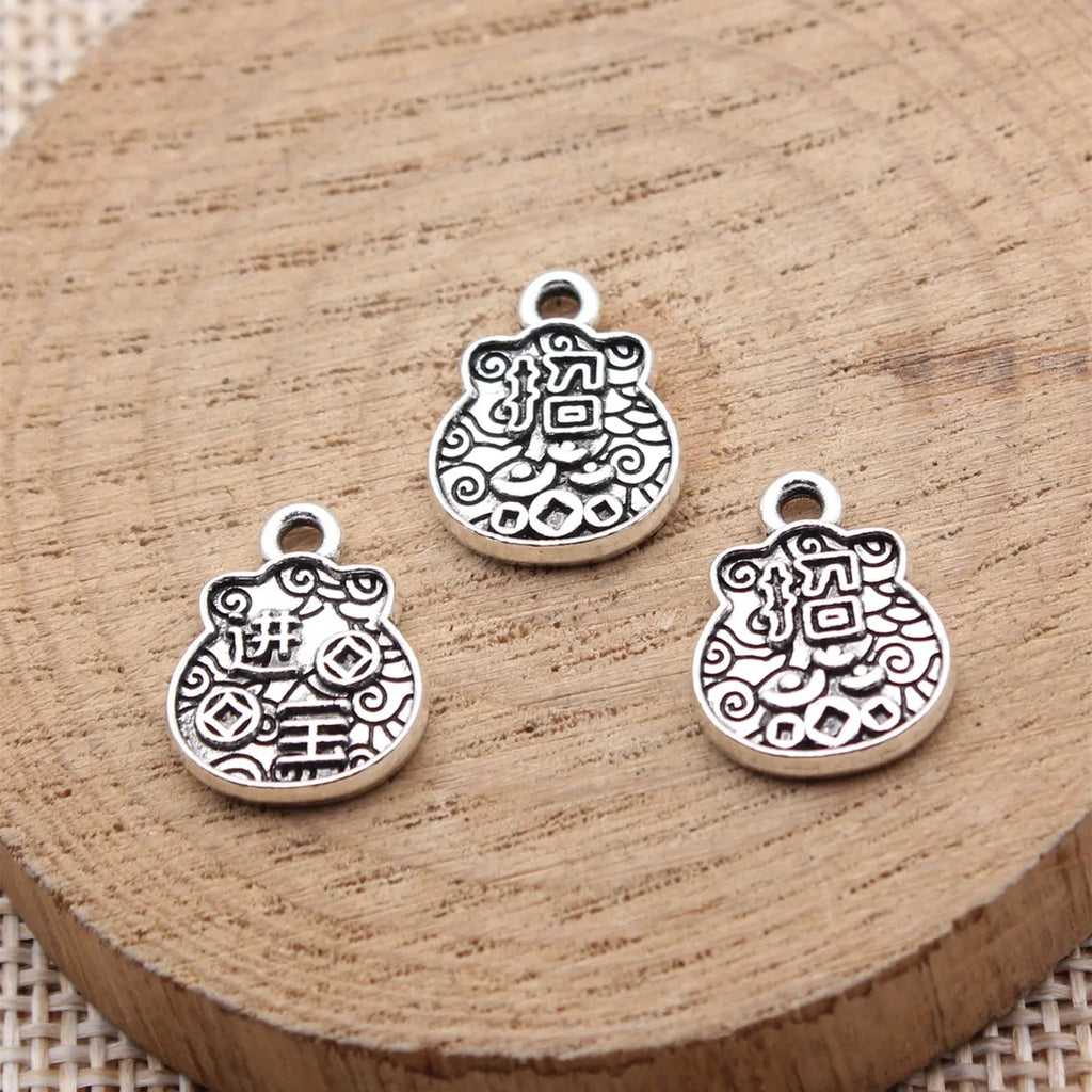 15x12mm 1g Antique Silver Zinc Alloy Fortune Bag Double Sided Charm Pendant for Necklace Bracelet DIY