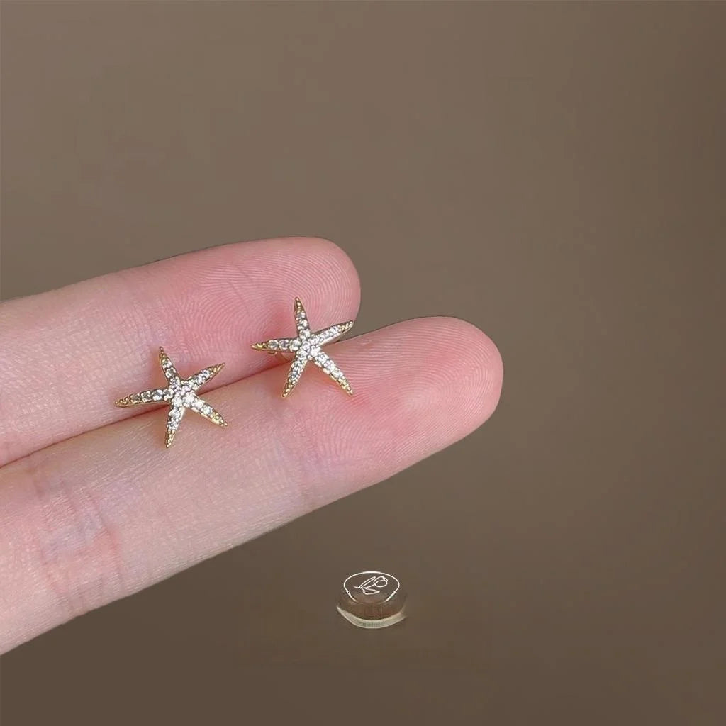 Cute Starfish Micro Pave Zircon 14K Plated Copper Stud Earrings With Silver Plated Pins