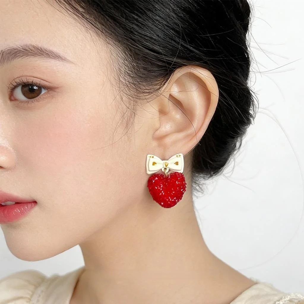Rhinestone Enamel Bow Heart Drop Earrings Cute Sweet Jewelry