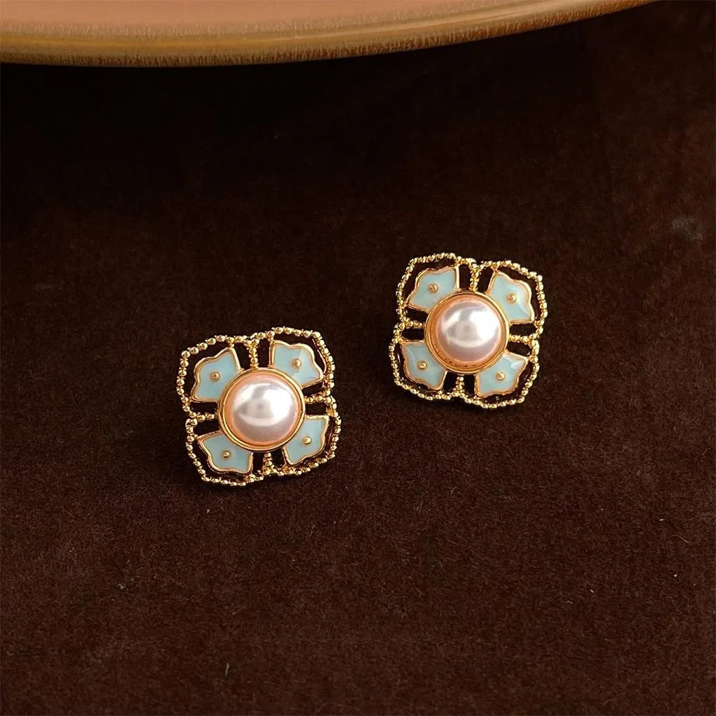 Ethnic Floral Enamel Drip Glaze Copper Pearl Stud Earrings Vintage Palace Style