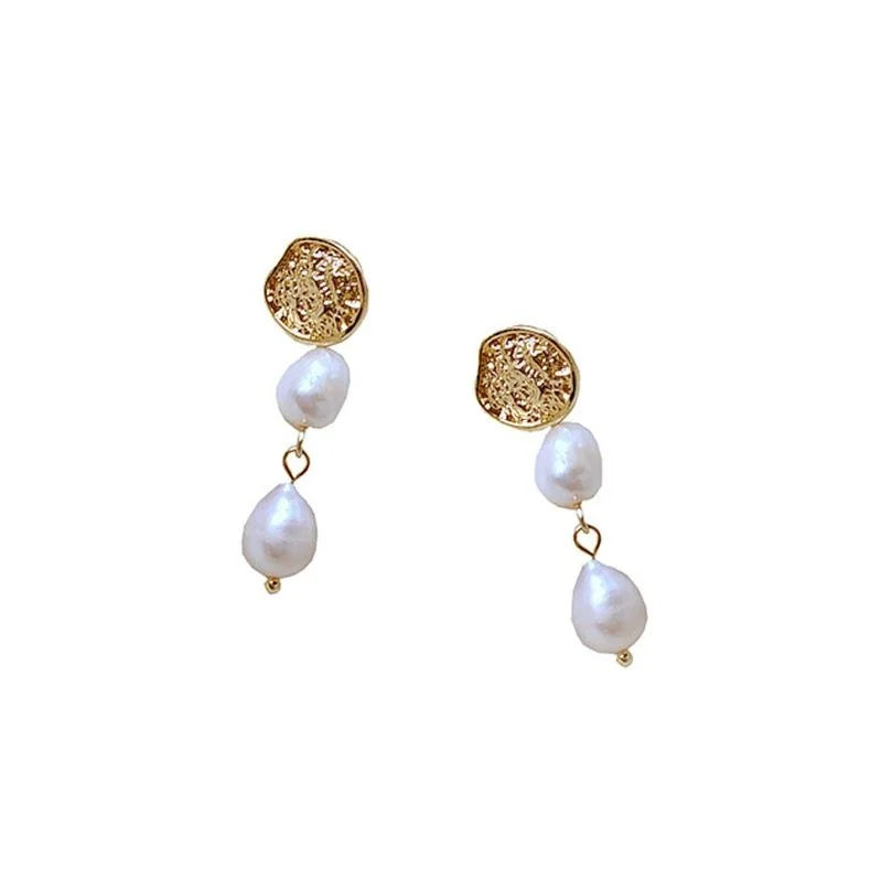 French Vintage Handmade Freshwater Pearl Beaded Tassel Stud Earrings With Hammered Metal Geometric Design