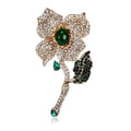Elegant Full Rhinestone Flower Brooch With Green Zircon Leaf, Luxury Alloy Lapel Pin Corsage Suit Accessory