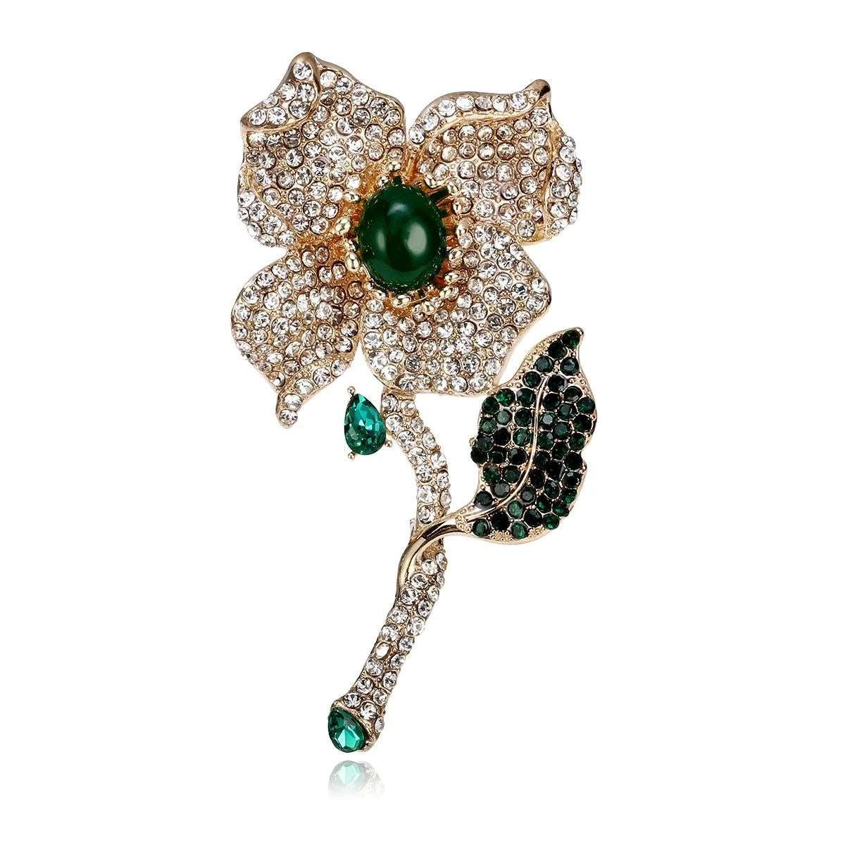 Elegant Full Rhinestone Flower Brooch With Green Zircon Leaf, Luxury Alloy Lapel Pin Corsage Suit Accessory