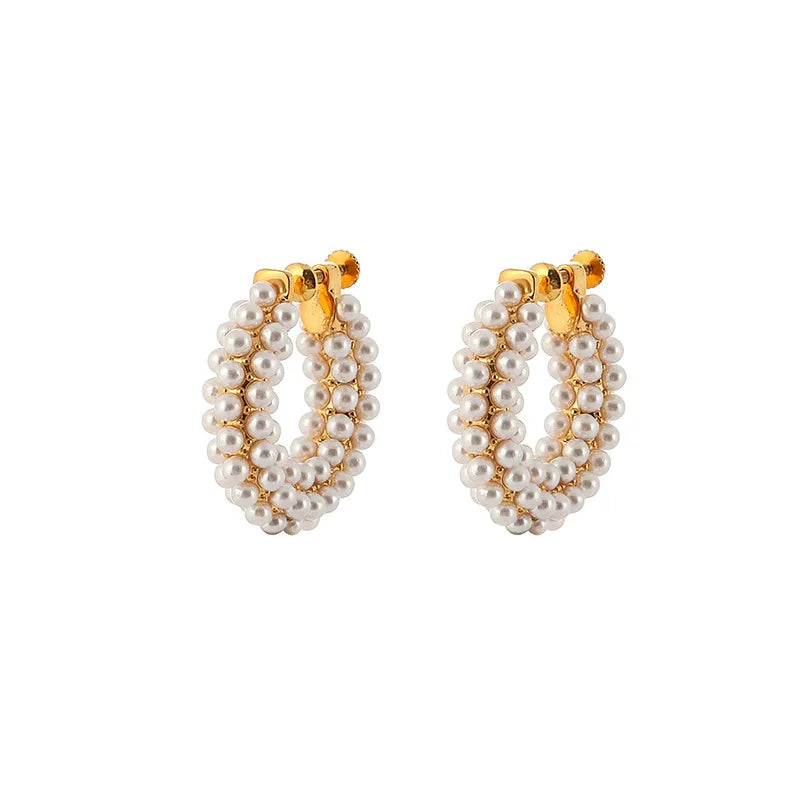 Elegant Faux Pearl Round Hoop Stud & Clip On No Piercing Gold Alloy Luxury Statement Earrings