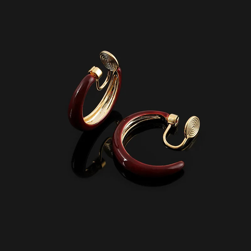Vintage Dark Red Enamel C Hoop Alloy Stud & Clip On No Piercing Spiral Disc Women's Earrings