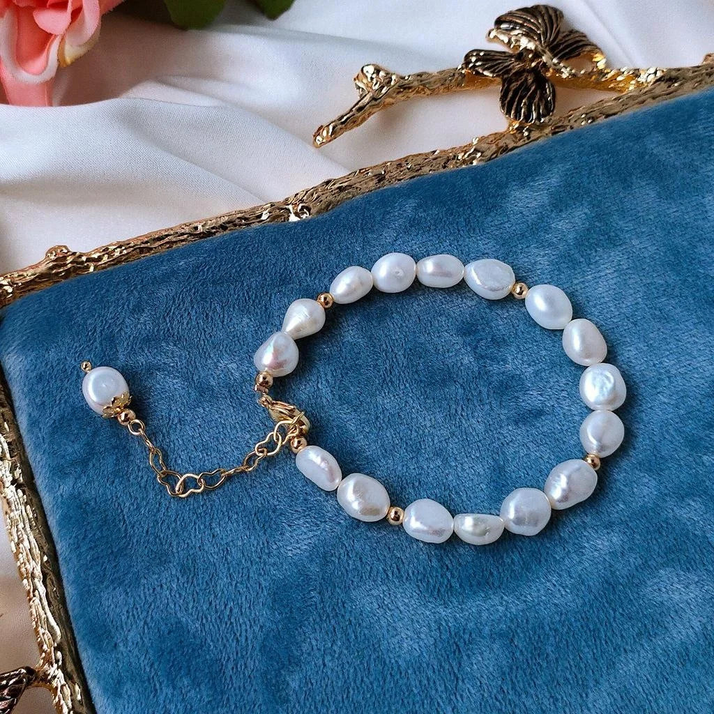 14K Gold Plated Natural Freshwater Pearl Braided Teardrop Bracelet For Women