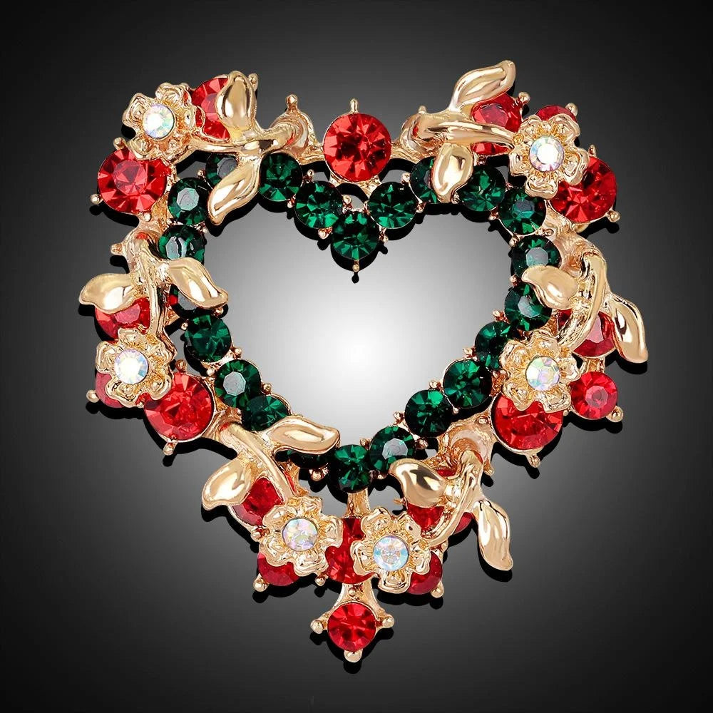 Elegant Christmas Heart Wreath Rhinestone Alloy Brooch, Red Green Floral Lapel Pin Corsage Gift