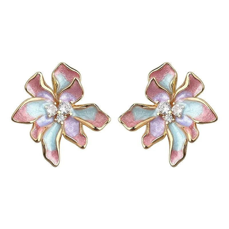 Spring Sweet Floral Enamel Drop Earrings, Copper Zircon Painted Petal