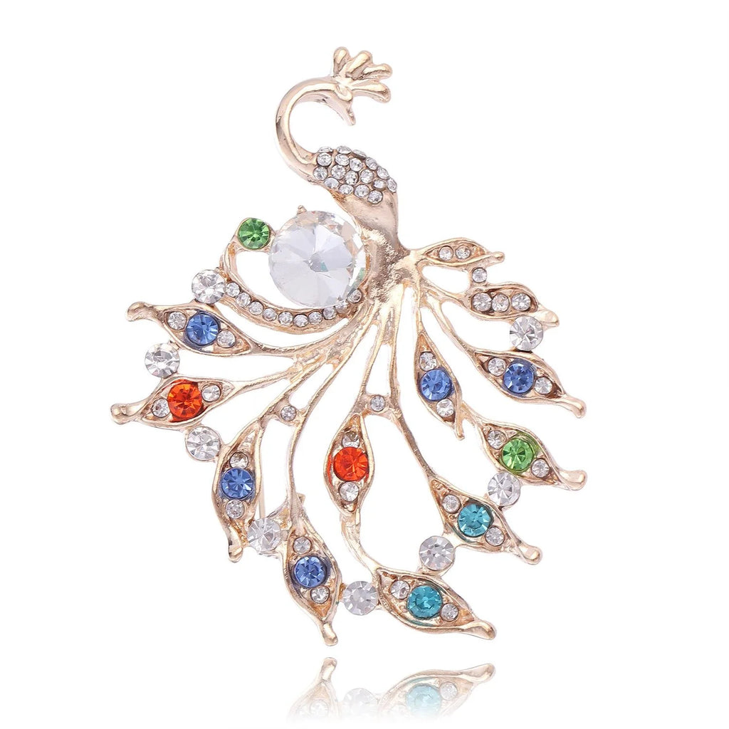 Elegant Gold Alloy Peacock Brooch With Colorful Rhinestones, Luxury Lapel Pin Corsage Gift