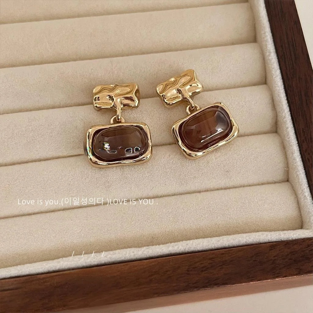 French Vintage Geometric Square Copper Resin Drop Earrings Elegant Handmade Fashion Jewelry