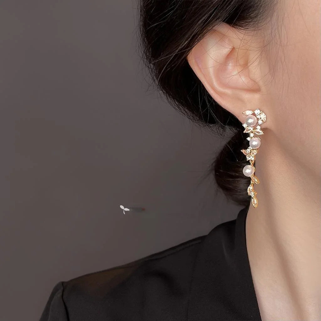 Elegant Copper Zircon Micro Pave Butterfly Floral Leaf Long Tassel Drop Earrings