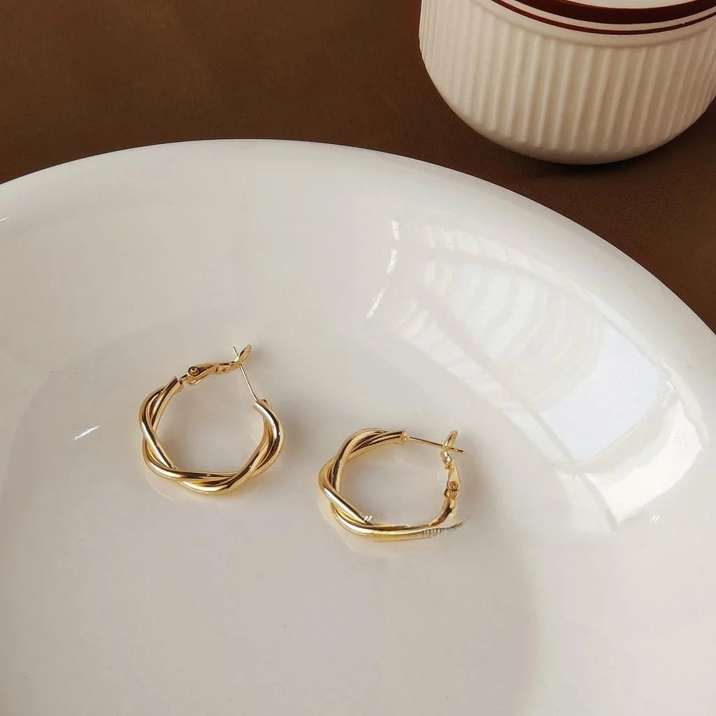 French Style Irregular Twisted Copper Hoop Earrings Gold Plated Niche Statement Jewelry