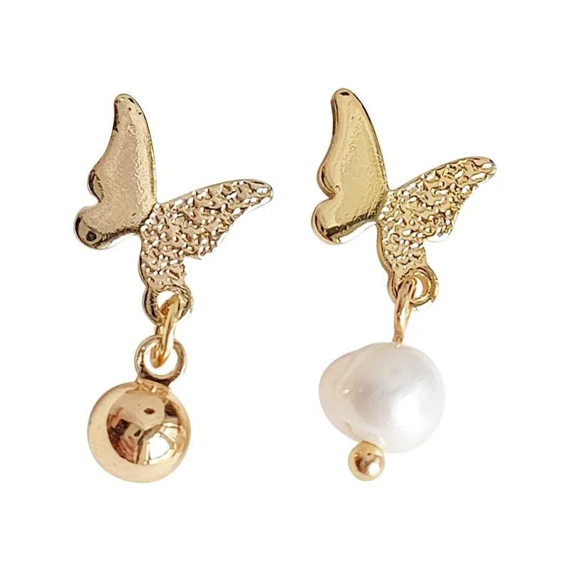 14K Plated Copper Freshwater Pearl Butterfly Stud Earrings Sweet Handmade Jewelry