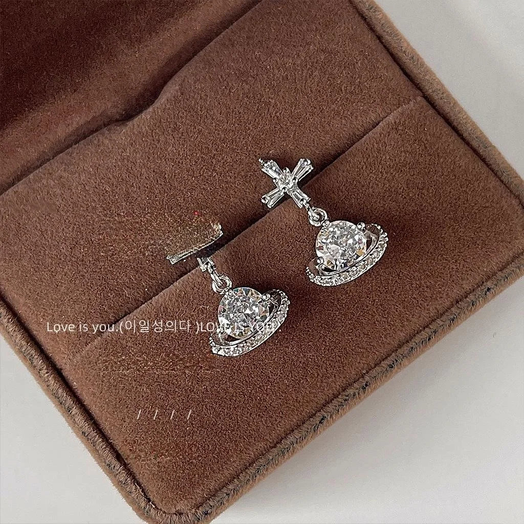 Micro Pave Zircon Planet Stud Earrings Silver Plated Copper Geometric Sweet Cool Jewelry