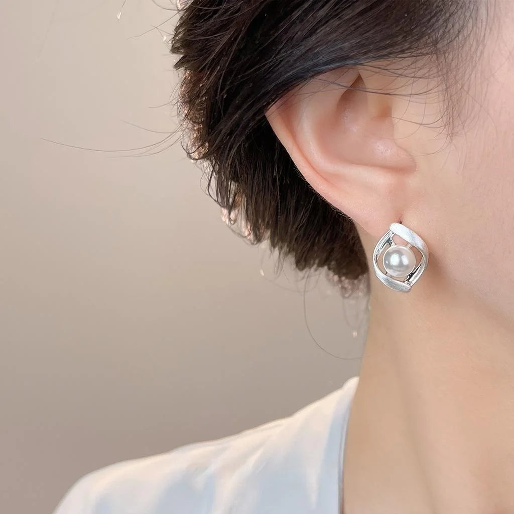 Brushed Silver Plated Copper Teardrop Pearl Stud Earrings Minimalist Geometric Twisted Hoop Design