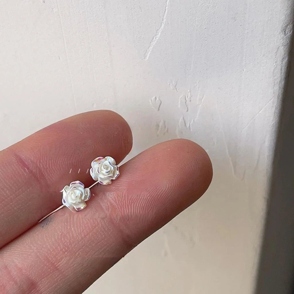 Mini Iridescent Resin Rose Flower Stud Earrings Korean Fairy Style
