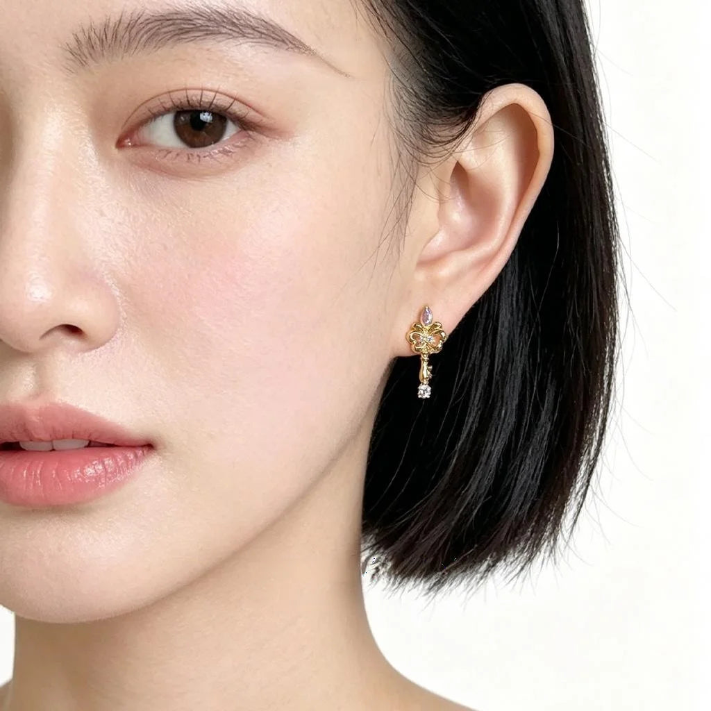 Original Designer Iris Flower Key Stud Earrings Micro Paved Zircon Copper Fashion Jewelry