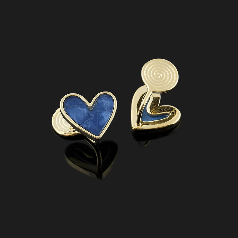 Blue Enamel Heart Alloy Stud & Clip On No Piercing Elegant Gold Tone Love Heart Earrings