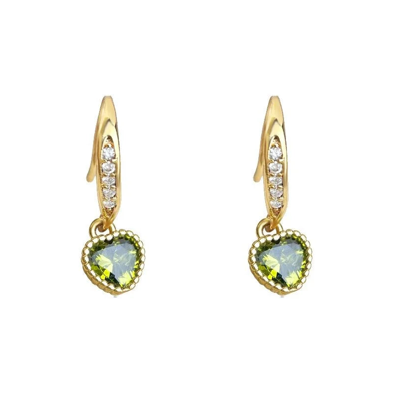 14K Gold Plated Olive Green Zircon Heart Drop Earrings, Light Luxury Minimalist Jewelry