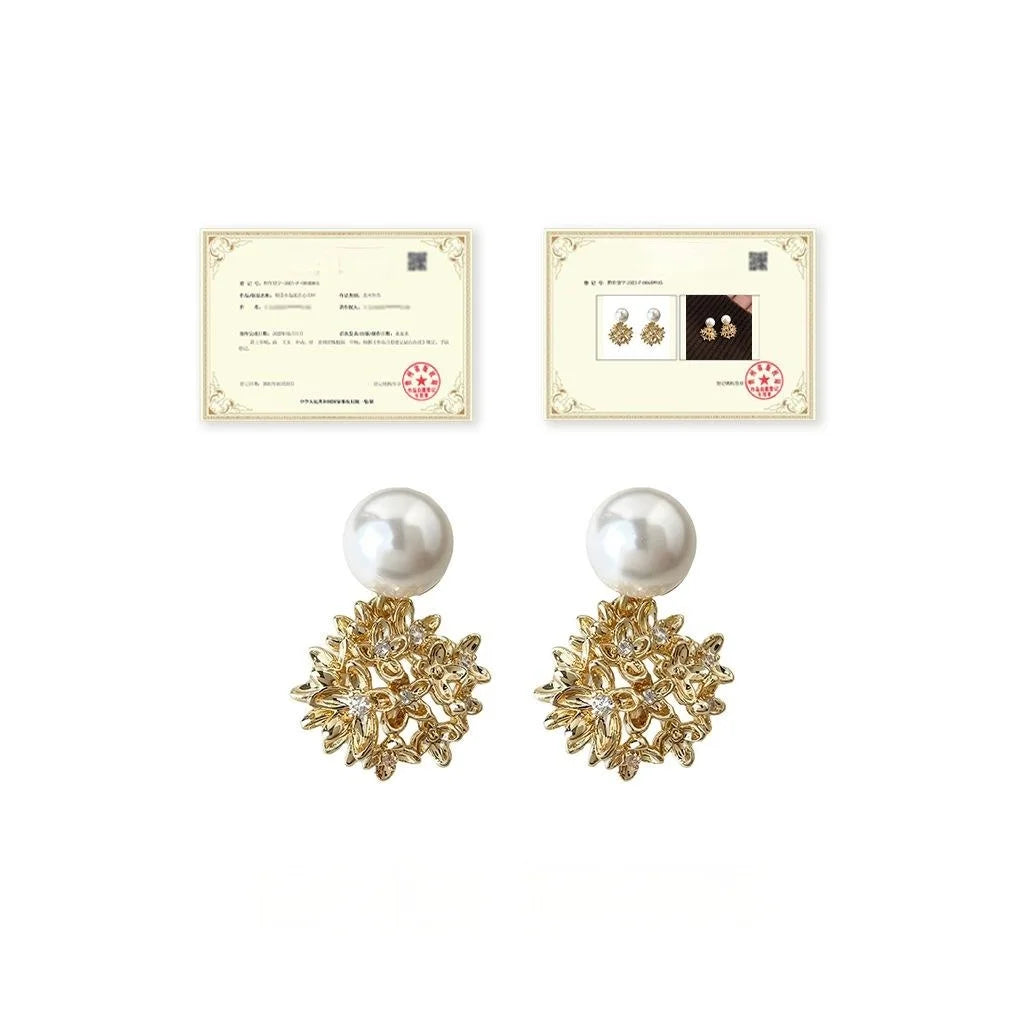 Light Luxury Hydrangea Flower Copper Drop Earrings With Glass Pearls And Micro Pave Zirconia