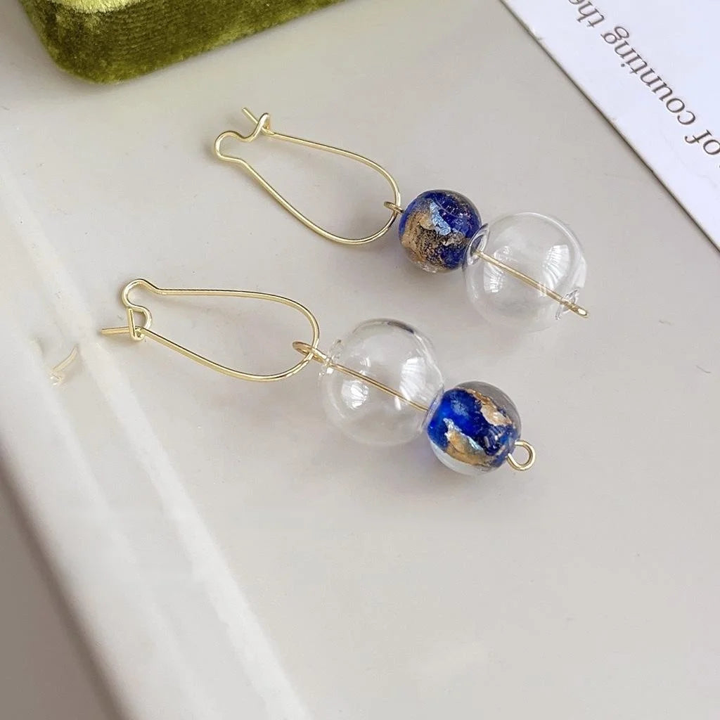 New Chinese Style Handmade Glass Crystal Asymmetric Indigo Geometric Round Drop Earrings