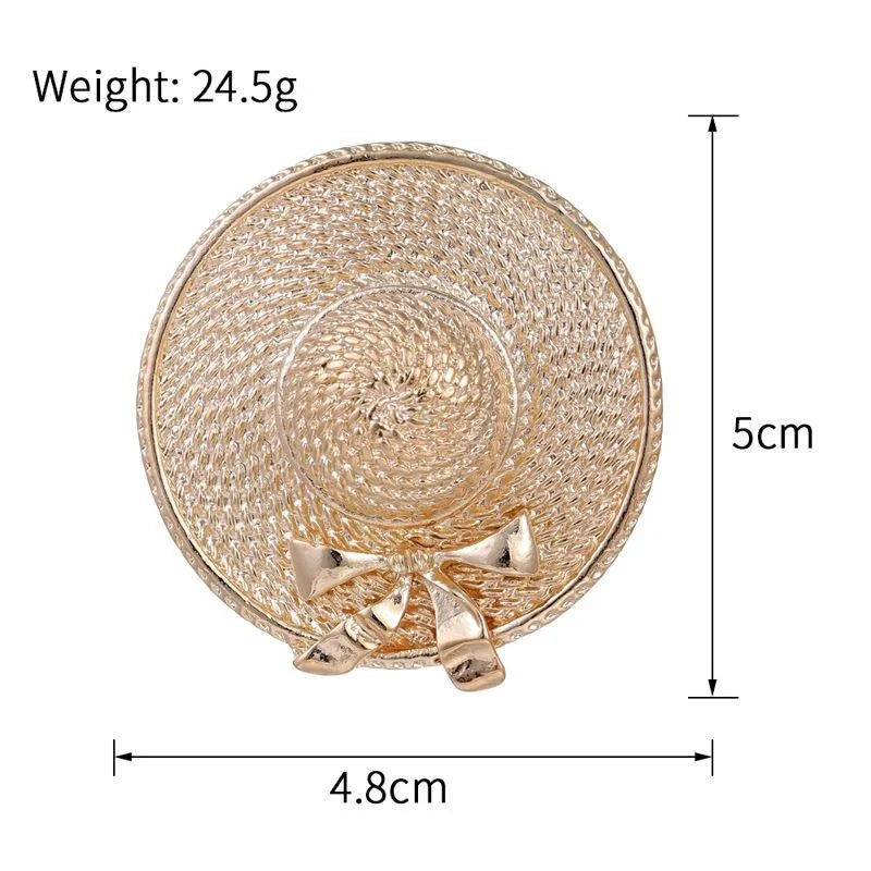 Vintage Gold Alloy Straw Beach Hat Bow Brooch, Elegant Japanese Style Lapel Pin Suit Accessory Gift