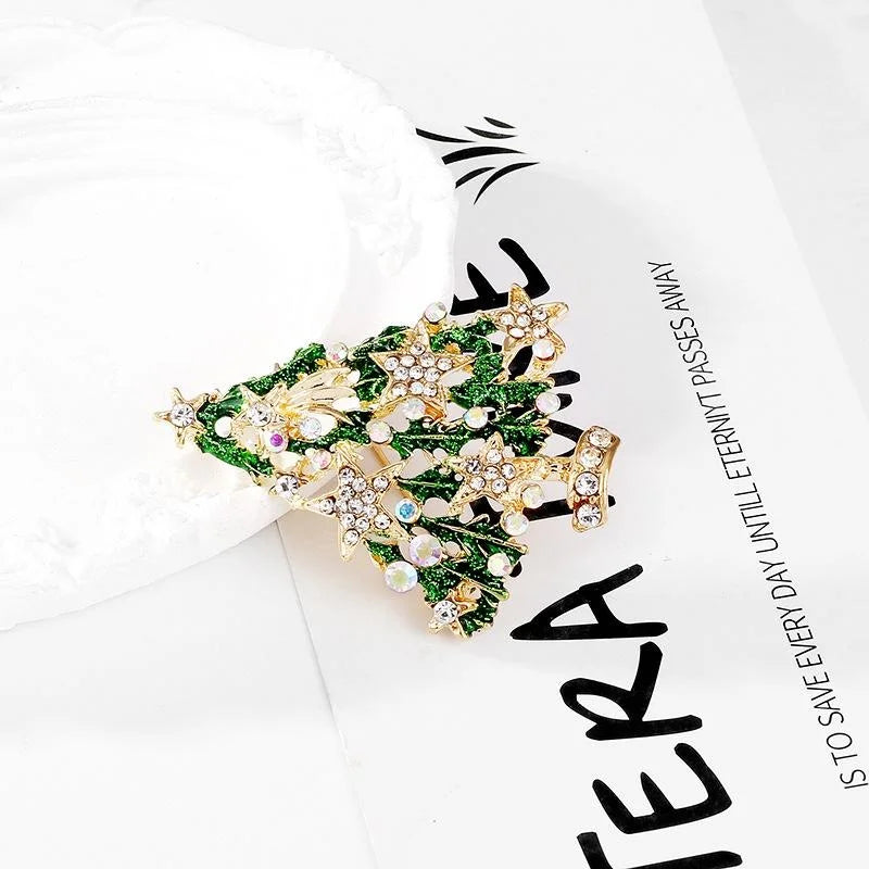 Luxury Enamel Christmas Tree Star Rhinestone Alloy Brooch Hollow Lapel Pin Festive Suit Accessory Gift