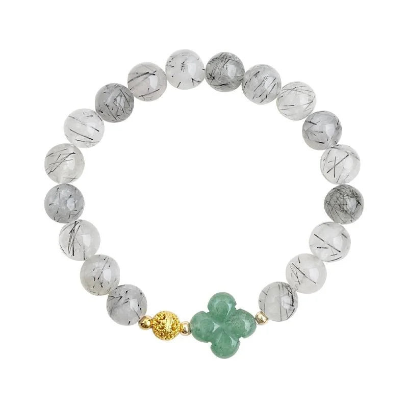 Vintage Ethnic Natural Stone Black Rutilated Quartz Aventurine Crystal Beaded Bracelet